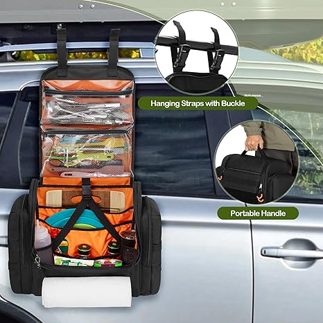 Large Tactical Camping Kitchen Organizer, Hanging Cookware Storage Bag with Paper Towel Holder & Multi Pockets, Portable Camp Utensil Organizer for Outdoor BBQ Cooking Essentials, Bag Only