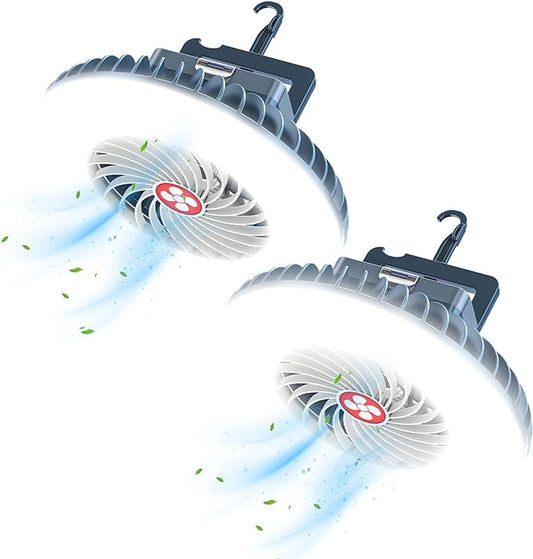 Portable Camping Fan with LED Lantern USB Rechargeable Waterproof Tent Fan with Hanging Hook Magnet Survival Kits for Indoor Outdoor Hiking Car Office Desk Outdoor Emergency Power Outage 2-pack