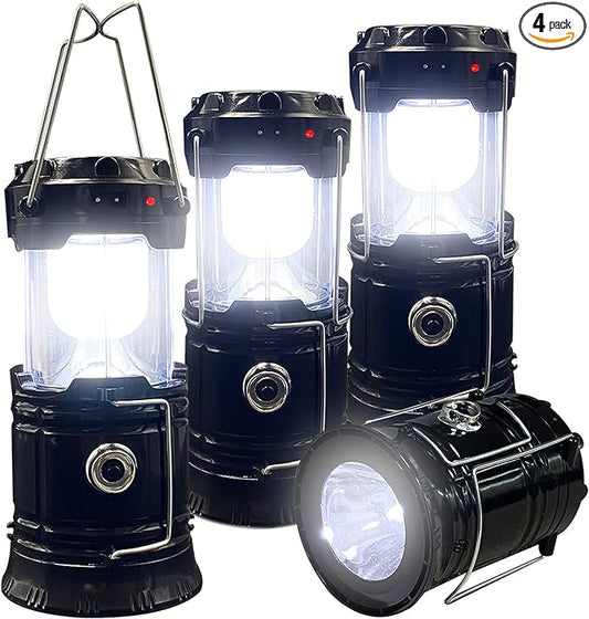 Collapsible Portable LED Camping Lantern Lightweight Waterproof Solar USB Rechargeable LED Flashlight Survival Kits for Indoor Outdoor Home Emergency Light Power Outages Hiking Hurricane 4-Pack