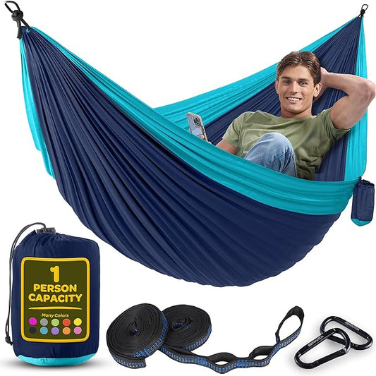 Durable Hammock 400 lb Capacity, Nylon Camping Hammock Chair - Double or Single Sizes w/Tree Straps and Attached Carry Bag - Portable for Travel/Backpacking/Beach/Backyard