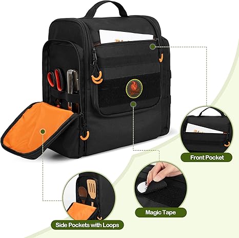 Large Tactical Camping Kitchen Organizer, Hanging Cookware Storage Bag with Paper Towel Holder & Multi Pockets, Portable Camp Utensil Organizer for Outdoor BBQ Cooking Essentials, Bag Only